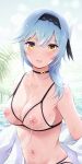  1girl absurdres akkii_(hnahon) bikini black_hairband blue_hair blush breasts choker cleavage closed_mouth covered_nipples cowboy_shot eula_(genshin_impact) genshin_impact hairband highres light_smile looking_at_viewer medium_breasts medium_hair navel nipple_piercing piercing see-through_swimsuit solo swimsuit wet yellow_eyes 