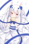  1girl :o animal_ears azur_lane bangs bare_shoulders blurry bouquet bow collarbone commentary_request depth_of_field dress eyebrows_visible_through_hair fake_animal_ears flower gloves hair_between_eyes hair_bow hair_flower hair_ornament hair_ribbon highres holding holding_bouquet irokari laffey_(azur_lane) laffey_(white_rabbit&#039;s_oath)_(azur_lane) long_hair looking_at_viewer official_alternate_costume parted_lips petals rabbit_ears red_eyes ribbon sidelocks simple_background solo strapless strapless_dress wedding_dress white_background white_dress white_gloves white_hair 