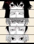  5boys abara_hanbee awara_kayu bangs black_eyes black_hair close-up commentary_request earrings eye_focus eyebrows_visible_through_hair face hair_between_eyes hair_ornament jewelry long_hair looking_at_viewer male_focus mikage_miyuki multiple_boys nakarai_keijin no_pupils short_hair simple_background suzuya_juuzou tamaki_mizurou tokyo_ghoul tokyo_ghoul:re x_hair_ornament 