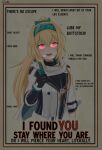  1girl black_gloves blonde_hair english_text gamryous girls&#039;_frontline gloves glowing glowing_eyes green_headband hair_intakes hairband headband highres i_want_you long_hair mod3_(girls&#039;_frontline) parody ponytail poster_(medium) red_eyes sidelocks smile solo sv-98_(girls&#039;_frontline) upper_body yandere 