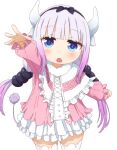  1girl absurdres bangs beads blue_eyes blunt_bangs blush capelet cowboy_shot dragon_girl dragon_horns dress eyebrows_visible_through_hair hair_beads hair_ornament highres horns kanna_kamui kobayashi-san_chi_no_maidragon long_hair long_sleeves low_twintails open_mouth pink_dress purple_hair short_dress simple_background solo tail thighhighs twintails white_background white_capelet white_legwear yaaben 