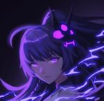  1girl absurdres antenna_hair bangs braid closed_mouth electricity glowing glowing_eyes hair_between_eyes highres honkai_(series) honkai_impact_3rd long_hair looking_at_viewer mask portrait purple_background purple_eyes purple_hair qian_yi raiden_mei raiden_mei_(lightning_empress) solo 