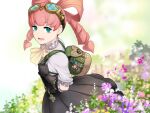  1girl ascot backpack bag bangs black_gloves black_skirt blue_eyes cowboy_shot dai_gyakuten_saiban eyebrows_visible_through_hair flower gloves goggles goggles_on_head gyakuten_saiban hair_rings iris_watson long_hair looking_at_viewer mikami open_mouth outdoors pink_hair shirt short_sleeves skirt smile solo standing twintails white_shirt yellow_neckwear 