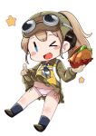  &gt;_o 1girl aviator_cap bangs black_footwear blue_eyes blue_neckwear blush_stickers brown_hair burger clothes_lift fairy_(kancolle) food gloves goggles goggles_on_headwear green_skirt hat highres holding holding_food intrepid_(kancolle) kantai_collection lifted_by_self long_hair long_sleeves nassukun one_eye_closed open_mouth panties ponytail side-tie_panties simple_background skirt skirt_lift socks solo striped striped_panties underwear white_background 