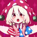 1girl alternate_hairstyle american_flag_shirt bangs clownpiece fairy_wings hair_bobbles hair_ornament hat jester_cap looking_at_viewer open_mouth polka_dot_headwear purple_headwear red_eyes shirt short_sleeves sidelocks simple_background solo star_(symbol) star_print striped striped_shirt touhou upper_body v-shaped_eyebrows white_hair wings you_(noanoamoemoe) 