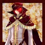  1boy bangs belt black_capelet black_headwear border brown_belt capelet closed_mouth commentary fur-trimmed_capelet fur_trim hair_between_eyes hair_over_one_eye hat high_collar high_wizard_(ragnarok_online) long_sleeves looking_at_viewer male_focus mit_(necomit) outside_border peaked_cap ragnarok_online red_border red_eyes red_hair shirt short_hair solo upper_body white_shirt yellow_background 