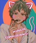  1boy animal_ears bangs blue_background blush brown_eyes brown_hair character_name commentary_request commission danganronpa_(series) danganronpa_2:_goodbye_despair fake_animal_ears fake_tail fake_whiskers green_background green_eyes grey_shirt hand_up headset heart highres hinata_hajime jeong_geun_i long_sleeves looking_at_viewer male_focus open_mouth red_background shirt short_hair smile solo tail upper_body 