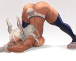  1girl animal_ears ass blue_legwear boku_no_hero_academia breasts dark-skinned_female dark_skin gloves hands_on_ground highres jack-o&#039;_challenge large_breasts lesott long_hair looking_at_viewer mirko muscular muscular_female rabbit_ears rabbit_girl rabbit_tail red_eyes simple_background solo spread_legs tail thighhighs thong top-down_bottom-up whip white_background white_gloves white_hair 