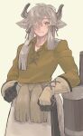  1boy animal_ears apron arm_rest bangs black_horns closed_mouth collarbone collared_shirt cow_boy genderswap genderswap_(ftm) gloves grey_eyes grey_hair grey_horns hair_over_one_eye hair_ribbon hand_on_hip highres horns kemono_friends light_smile long_hair long_sleeves looking_at_viewer male_focus multicolored_horns ox_ears ox_horns ribbon shimazoenohibi shirt simple_background solo twintails waist_apron wing_collar yak_(kemono_friends) yellow_shirt 