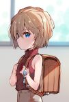  1girl backpack bag bangs bare_arms bare_shoulders blue_eyes blurry blurry_background breasts brown_hair brown_shirt closed_mouth crime_prevention_buzzer depth_of_field eyebrows_visible_through_hair haibara_ai hair_between_eyes highres indoors meitantei_conan meito_(maze) randoseru shirt short_hair sleeveless sleeveless_shirt small_breasts solo turtleneck window 