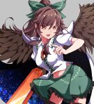  1girl absurdres arm_cannon bangs bird_wings black_legwear brown_eyes brown_hair cape center_frills eyebrows_visible_through_hair feathered_wings frilled_skirt frills gokuu_(acoloredpencil) green_ribbon green_skirt hair_between_eyes hair_ribbon highres long_hair looking_to_the_side navel open_mouth puffy_short_sleeves puffy_sleeves reiuji_utsuho ribbon short_sleeves skirt solo thighhighs third_eye touhou weapon wings 
