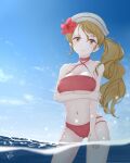  1girl absurdres bikini breasts brown_eyes brown_hair cowboy_shot highres italia_(kancolle) kantai_collection large_breasts littorio_(kancolle) long_hair navel neve official_alternate_costume partially_submerged red_bikini remodel_(kantai_collection) side_ponytail solo standing swimsuit wavy_hair 