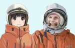  astronaut black_hair blue_background blue_eyes brown_eyes closed_mouth dated eyebrows_visible_through_hair horikou koguma_(super_cub) real_life signature simple_background smile space_helmet super_cub yuri_gagarin 