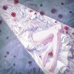  1girl albino barefoot bed bloomers breasts dress feet flower frills haduki_tohru highres lingerie long_hair looking_at_viewer lying negligee on_side original red_eyes rose solo toes underwear white_hair 