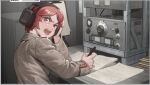  1girl :o bangs brown_jacket hair_between_eyes headphones holding holding_pencil jacket long_sleeves looking_up military military_jacket military_uniform open_mouth original paper pencil radio radio_controller red_eyes red_hair short_hair solo table teeth uniform v-shaped_eyebrows wj654cl4 