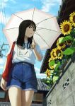  1girl architecture bag black_hair brick_wall cloud day east_asian_architecture flower handbag highres original papi_(papiron100) power_lines shirt short_shorts shorts sky solo standing sunflower umbrella utility_pole white_shirt 