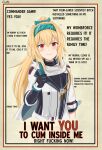  1girl black_gloves blonde_hair english_text gamryous girls&#039;_frontline gloves green_headband hair_intakes hairband headband highres i_want_you long_hair mod3_(girls&#039;_frontline) parody ponytail poster_(medium) profanity red_eyes sidelocks smile solo sv-98_(girls&#039;_frontline) system_of_a_down upper_body 