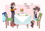  1boy 1girl absurdres antenna_hair bare_arms belt_buckle black_(pokemon) black_footwear black_vest blush boots brown_hair buckle cake chair closed_eyes closed_mouth commentary_request food fork from_side glass grey_pants hagetapo happy_birthday heart high_ponytail highres hilbert_(pokemon) hilda_(pokemon) holding jacket jacket_removed number orange_mittens oven_mitts pants pokemon pokemon_adventures red_footwear shirt shoes shorts sidelocks sitting smile standing steam table themed_object vest white_(pokemon) white_shirt 