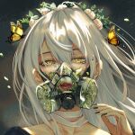  1girl bangs black_nails bug butterfly butterfly_on_hand caaaaarrot face flower_wreath hair_between_eyes hand_up head_wreath highres insect long_hair nail_polish original parted_lips plant portrait red_lips respirator solo tearing_up upper_body white_hair wind yellow_eyes 