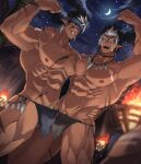  2boys 3boys :d abs bara bare_pectorals bellsaltr biceps blue_eyes blue_male_underwear blue_tribe brown_hair brown_male_underwear bulge bulges_touching crescent_moon dutch_angle earrings feather_earrings feathers feet_out_of_frame flexing grin headband highres jewelry large_pectorals loincloth male_focus male_pubic_hair male_underwear mature_male moon multicolored_hair multiple_boys muscular muscular_male navel nipples open_mouth pectoral_docking pectoral_press pectorals pose pubic_hair pubic_hair_peek revealing_clothes reward_available scar scar_across_eye scar_on_chest short_hair sideburns smile spiked_hair stomach tangaroa tattoo thick_thighs thighs tokyo_houkago_summoners tooth_necklace tribal tribal_tattoo two-tone_hair underwear underwear_only white_hair yaoi yellow_eyes 