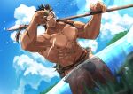  1boy abs bara bare_pectorals bellsaltr brown_hair brown_male_swimwear bulge dark-skinned_male dark_skin facial_hair goatee hand_on_own_head harpoon headband highres holding holding_polearm holding_spear holding_weapon large_pectorals loincloth long_sideburns male_focus mature_male multicolored_hair muscular muscular_male navel nipples over_shoulder partially_submerged partially_underwater_shot pectorals pointy_ears polearm short_hair sideburns solo spear spiked_hair stomach tangaroa tattoo thick_thighs thighs tokyo_houkago_summoners tribal_tattoo two-tone_hair weapon weapon_over_shoulder wet white_hair yellow_eyes 