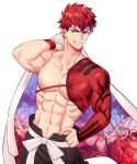  1boy abs absurdres bad_id bad_twitter_id bangs bara bare_pectorals black_pants blackkdogg cape emiya_shirou fate/grand_order fate_(series) floral_print grin hakama hakama_pants hand_on_hip highres holding holding_cape igote japanese_clothes looking_at_viewer male_focus muscular muscular_male navel nipples over_shoulder pants pectorals red_hair senji_muramasa_(fate) short_hair single_sleeve smile solo stomach white_background yellow_eyes 