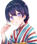  1girl bangs blush bow chiune_(yachi) eyebrows_visible_through_hair hair_between_eyes hair_bow hand_up highres holding japanese_clothes kimono mole mole_under_eye parted_lips purple_eyes purple_hair red_bow simple_background solo striped suenobu_itsuki tsumugu_otome_to_taishou_no_tsuki upper_body vertical-striped_kimono vertical_stripes white_background 