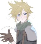  1boy bangs blonde_hair blue_eyes blush breath brown_gloves cloud_strife final_fantasy final_fantasy_vii gloves hair_between_eyes highres holding male_focus parted_lips poi_poifu simple_background sketch solo spiked_hair upper_body white_background 