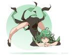  1girl arm_rest ass black_dress commentary creux curly_hair dress english_commentary flexible full_body green_eyes green_hair jack-o&#039;_challenge meme nail_polish no_panties one-punch_man pose reward_available shoes side_slit solo spread_legs stretch tatsumaki top-down_bottom-up twitter_username wide_spread_legs 