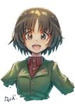  1girl :d alina_(girls_und_panzer) black_hair brown_eyes girls_und_panzer highres kuroneko_douji looking_at_viewer military military_uniform open_mouth pravda_school_uniform school_uniform short_hair signature smile solo uniform upper_body white_background 