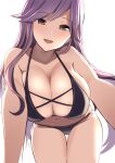 1girl :d absurdres amisu bent_over bikini black_bikini breasts cleavage cowboy_shot eyebrows_visible_through_hair highres hijiri_byakuren huge_breasts long_hair looking_at_viewer navel one-hour_drawing_challenge open_mouth purple_hair simple_background smile solo swimsuit touhou white_background yellow_eyes 