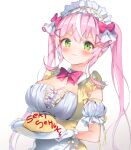  1girl :3 alternate_costume bangs blush bow breasts cleavage detached_sleeves food gloves green_eyes hairband holding holding_plate ketchup korean_commentary large_breasts looking_at_viewer making-of_available nijisanji nijisanji_kr omurice pink_bow plate short_hair solo twintails virtual_youtuber white_background white_gloves yang_nari yang_nari_(artist) 