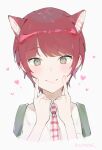  1girl animal_ear_fluff animal_ears bangs blush cat_ears commentary cropped_shoulders danganronpa_(series) danganronpa_2:_goodbye_despair eyebrows_visible_through_hair green_eyes hands_up heart index_finger_raised koizumi_mahiru looking_at_viewer nail_polish necktie plaid_neckwear red_hair red_neckwear short_hair simple_background smile solo twitter_username unmyeong upper_body white_neckwear 