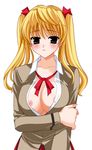  areolae arm_grab blonde_hair blush breast_hold breasts brown_eyes covered_nipples kanekiyo_miwa long_sleeves medium_breasts nipple_slip nipples open_clothes open_shirt sawachika_eri school_rumble shirt simple_background solo twintails white_background 