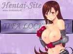  blush breast_hold breast_squeeze breasts brown_hair character_name earrings elbow_gloves elbow_pads final_fantasy final_fantasy_vii fingerless_gloves gloves huge_breasts jewelry large_breasts long_hair nipples red_eyes skirt solo tifa_lockhart topless wallpaper watermark yuzuriha_(active_homing) 