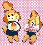  2018 animal_crossing anthro big_breasts booty_shorts breasts canine cleavage clothed clothing dog female huge_breasts isabelle_(animal_crossing) mammal mangneto nintendo shih_tzu short_stack solo sweat video_games wardrobe_malfunction 