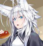  1girl animal_ears anpan antenna_hair blue_eyes food food_on_face kentairui mitsuha_(kentairui) original white_eyelashes white_hair 