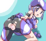  1girl ass blue_eyes blue_hair blush bodysuit erect_nipples gloves hat juni221 kyogre looking_at_viewer looking_back lowres marina marine_(pokemon) nipples pokemon pokemon_battle_revolution pussy sweat torn_clothes uncensored 