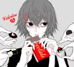  1boy 4others awara_kayu bangs black_shirt candy chocolate chocolate_bar commentary_request cookie cupcake food grey_background hair_between_eyes hair_ornament hairclip heart holding male_focus monochrome multiple_others open_mouth shirt short_hair simple_background solo_focus spot_color suspenders suzuya_juuzou tokyo_ghoul tokyo_ghoul:re valentine x_hair_ornament 