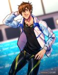  1boy black_tank_top blurry blurry_background brown_hair bulge free! goggles goggles_around_neck green_eyes highres jacket legskin male_focus male_swimwear open_clothes open_jacket pool poolside short_hair smile solo tachibana_makoto tank_top thick_thighs thighs water watermark white_jacket yeiko_art 