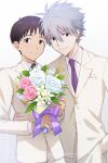  11kkr 2boys bangs blue_eyes blush bouquet bow brown_hair closed_mouth flower formal hand_in_pocket hand_on_another&#039;s_hip highres holding holding_bouquet holding_flower husband_and_husband ikari_shinji looking_at_viewer multiple_boys nagisa_kaworu necktie neon_genesis_evangelion open_mouth pink_flower purple_bow purple_neckwear red_eyes short_hair simple_background smile standing suit uniform white_background white_flower white_hair white_suit yaoi 