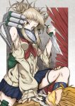  1boy 1girl absurdres backpack bag bangs bare_shoulders black_shirt blonde_hair blood blunt_bangs boku_no_hero_academia cardigan clenched_teeth crying crying_with_eyes_open double_bun el_genso feathered_wings fighting fur-trimmed_jacket fur_trim girl_on_top goggles gradient gradient_background grey_background hair_up hawks_(boku_no_hero_academia) highres holding holding_knife holding_weapon huge_filesize injury jacket knife messy_hair nail_polish neckwear outside_border pleated_skirt red_neckwear red_wings school_uniform scratches serafuku shine shirt short_hair sidelocks skirt tears teeth thigh_strap tinted_eyewear toga_himiko torn_clothes weapon wings yellow-tinted_eyewear yellow_eyes 