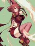  1girl artist_name bangs breasts closed_mouth dated fingerless_gloves fire gloves green_background hair_between_eyes highres holding holding_sword holding_weapon large_breasts looking_at_viewer oyasu pink_legwear pyra_(xenoblade) red_eyes red_footwear red_gloves red_hair shoes short_hair short_shorts short_sleeves shorts simple_background smile solo sword thighhighs tiara weapon xenoblade_chronicles_(series) xenoblade_chronicles_2 