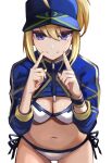  1girl ahoge artoria_pendragon_(fate) baseball_cap bikini blonde_hair blue_eyes blue_headwear blue_jacket breasts cleavage closed_mouth commentary_request cowboy_shot fate/grand_order fate_(series) fingersmile hair_through_headwear hat highres jacket large_breasts long_hair long_sleeves looking_at_viewer medium_breasts medium_hair mysterious_heroine_xx_(fate) navel ponytail sanshi_(sannshi_34) shrug_(clothing) side-tie_bikini sidelocks simple_background smile solo standing swimsuit white_background white_bikini 