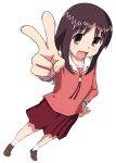  1girl :d azumanga_daioh bangs brown_eyes brown_footwear brown_hair commentary dutch_angle foreshortening from_above hand_on_hip hand_up kasuga_ayumu light_blush loafers looking_at_viewer medium_hair morichan open_mouth pink_shirt pleated_skirt red_skirt sailor_collar school_uniform shirt shoes skirt smile socks solo standing v white_background white_legwear white_sailor_collar 