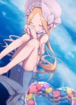  1girl abigail_williams_(fate) abigail_williams_(swimsuit_foreigner)_(fate) absurdres bangs bare_shoulders bikini blonde_hair bonnet bow breasts closed_eyes daisi_gi fate/grand_order fate_(series) forehead hair_bow highres innertube knees_up long_hair miniskirt parted_bangs reflection sidelocks sitting sitting_on_water skirt small_breasts swimsuit twintails very_long_hair water white_bikini white_bow white_headwear 