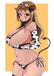  1girl 96nokimihito absurdres animal_ears animal_print bare_shoulders bikini black_eyes black_ribbon blush border breast_hold breasts brown_hair cleavage closed_mouth commentary_request covered_nipples cow_ears cow_horns cow_print cow_tail cowboy_shot dark-skinned_female dark_skin elbow_gloves eyebrows_visible_through_hair fake_animal_ears fake_horns fake_tail gloves hair_between_eyes highres horns huge_breasts idolmaster idolmaster_shiny_colors izumi_mei long_hair looking_at_viewer navel outside_border print_bikini print_gloves ribbon side-tie_bikini skindentation solo stomach strap_gap swimsuit tail thighhighs white_border 