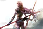  1girl ass blood fate/grand_order fate_(series) gae_bolg_(fate) highres injury kim_yura_(goddess_mechanic) long_hair purple_eyes red_eyes scathach_(fate) scathach_(fate)_(all) simple_background torn_clothes very_long_hair 