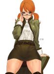  1girl ashiomi_masato ass_visible_through_thighs breasts closed_mouth final_fantasy final_fantasy_iii glasses long_hair looking_at_viewer orange_hair refia scholar_(final_fantasy) simple_background skirt solo thighhighs twintails white_background 