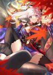  1girl absurdres autumn_leaves bangs black_legwear blue_eyes blush breasts cleavage earrings fate/grand_order fate_(series) feet grin hair_ornament haku_u_0818 highres holding holding_sword holding_weapon jewelry large_breasts long_hair long_sleeves looking_at_viewer miyamoto_musashi_(fate) multicolored multicolored_eyes navel smile swept_bangs sword thighhighs tied_hair v v-shaped_eyebrows weapon white_hair zettai_ryouiki 